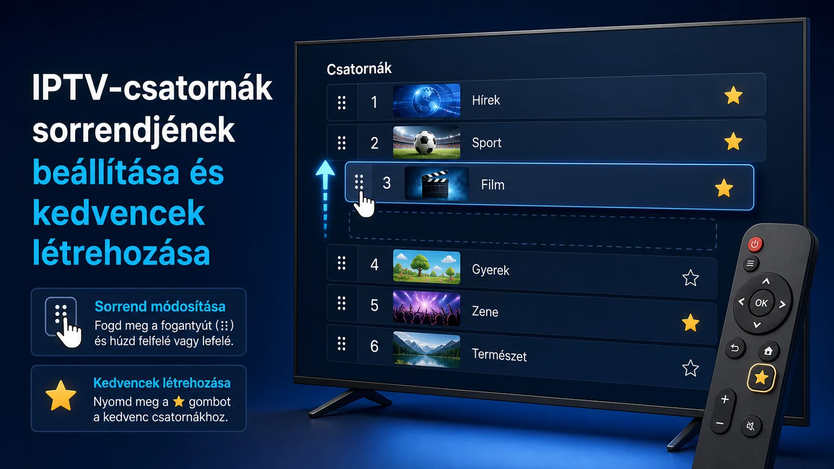 iptv csatorna sorrend beállítás — IPTV-csatornák sorrendjének beállítása és kedvencek létrehozása